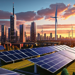 ** A resilient city skyline at sunset, showcasing diverse energy sources like solar panels and wind turbines integrated into modern buildings. IoT sensors are subtly visible on infrastructure.

**
