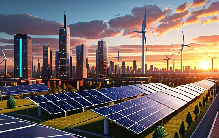 ** A resilient city skyline at sunset, showcasing diverse energy sources like solar panels and wind turbines integrated into modern buildings. IoT sensors are subtly visible on infrastructure.

**