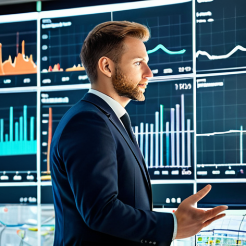 A professional male urban planner, fully clothed in a smart business suit, stands in a modern, well-lit smart city operations center, reviewing complex data visualizations on a large transparent screen. The screen displays financial charts, urban planning overlays, and metrics for efficiency and resource allocation, subtly indicating large-scale European investment projects. The background features a blurred, futuristic city skyline at dawn. Perfect anatomy, correct proportions, natural pose, well-formed hands, proper finger count, natural body proportions, high-resolution professional photography, professional dress, appropriate attire, modest clothing, safe for work, appropriate content, family-friendly.