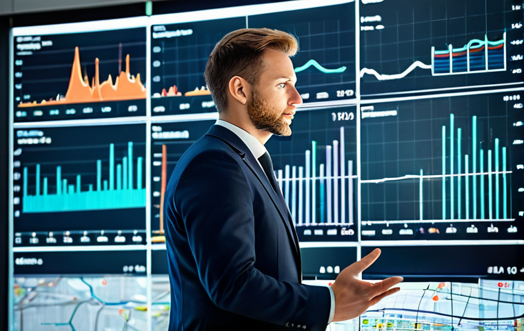 A professional male urban planner, fully clothed in a smart business suit, stands in a modern, well-lit smart city operations center, reviewing complex data visualizations on a large transparent screen. The screen displays financial charts, urban planning overlays, and metrics for efficiency and resource allocation, subtly indicating large-scale European investment projects. The background features a blurred, futuristic city skyline at dawn. Perfect anatomy, correct proportions, natural pose, well-formed hands, proper finger count, natural body proportions, high-resolution professional photography, professional dress, appropriate attire, modest clothing, safe for work, appropriate content, family-friendly.