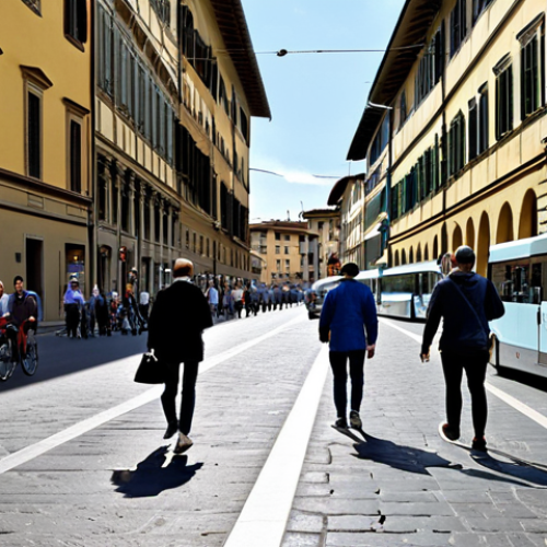 Home 24 **
"A bustling city street scene in Florence, Italy. Modern buses and electric vehicles share the road with classic architecture. People are walking and cycling, all fully clothed in contemporary, modest attire. Smart city sensors are subtly visible on lampposts. The scene is bright and optimistic, showcasing technology integrated seamlessly into everyday life. Safe for work, appropriate content, professional, family-friendly, perfect anatomy, correct proportions, natural pose, well-formed hands, proper finger count, natural body proportions."
**