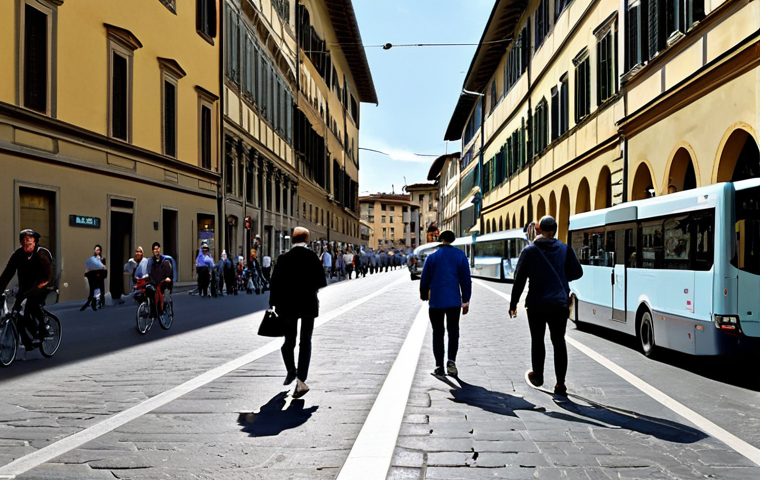 **
"A bustling city street scene in Florence, Italy. Modern buses and electric vehicles share the road with classic architecture. People are walking and cycling, all fully clothed in contemporary, modest attire. Smart city sensors are subtly visible on lampposts. The scene is bright and optimistic, showcasing technology integrated seamlessly into everyday life. Safe for work, appropriate content, professional, family-friendly, perfect anatomy, correct proportions, natural pose, well-formed hands, proper finger count, natural body proportions."
**
