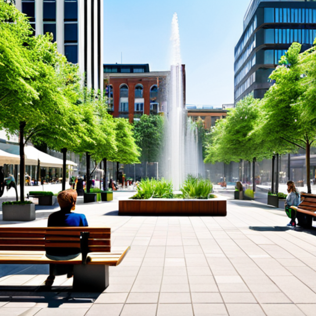 Urban Oasis**

"A vibrant city square transformed into a green oasis, featuring lush vertical gardens, mature trees, and interactive fountains. Citizens are relaxing on benches with USB charging ports, utilizing free Wi-Fi. The scene includes native plants and a smart misting system. The image captures a sense of well-being and community, with data sensors discreetly monitoring air quality.  Fully clothed people are enjoying the space. Safe for work, appropriate content, professional urban design, perfect anatomy, natural proportions, high quality, modest design, family-friendly."

**
