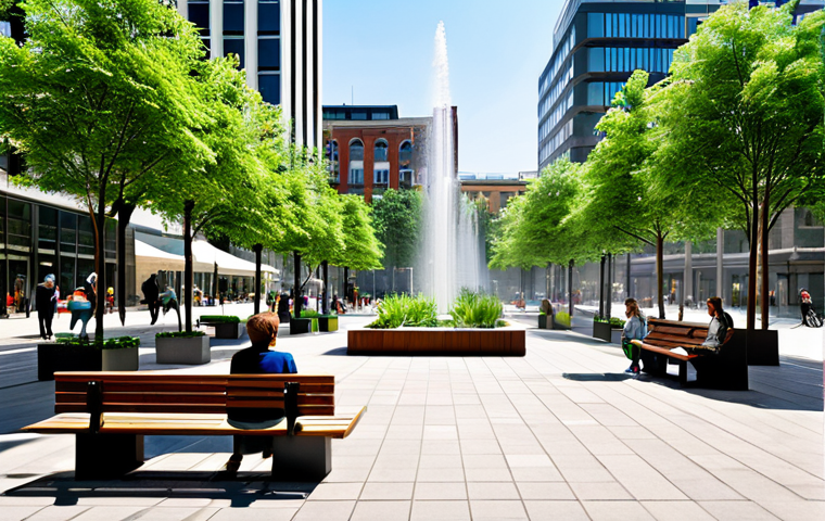 Urban Oasis**
"A vibrant city square transformed into a green oasis, featuring lush vertical gardens, mature trees, and interactive fountains. Citizens are relaxing on benches with USB charging ports, utilizing free Wi-Fi. The scene includes native plants and a smart misting system. The image captures a sense of well-being and community, with data sensors discreetly monitoring air quality. Fully clothed people are enjoying the space. Safe for work, appropriate content, professional urban design, perfect anatomy, natural proportions, high quality, modest design, family-friendly."
**