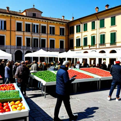 Home 22 A vibrant Italian piazza transformed into a smart community hub. Farmers display fresh produce at a digital farmers market, interacting with customers using tablets. Solar panels gleam atop a restored historic building in the background. People stroll by, some using a city-wide WiFi network on their phones. Focus on sustainable local food and digital inclusion. Safe for work, appropriate content, fully clothed, professional.