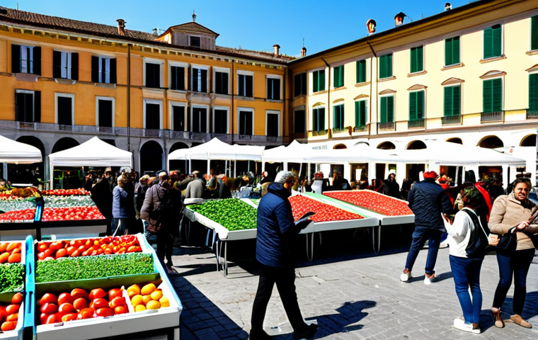 A vibrant Italian piazza transformed into a smart community hub. Farmers display fresh produce at a digital farmers market, interacting with customers using tablets. Solar panels gleam atop a restored historic building in the background. People stroll by, some using a city-wide WiFi network on their phones. Focus on sustainable local food and digital inclusion. Safe for work, appropriate content, fully clothed, professional.